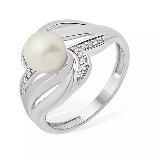 Кольцо с жемчугом и фианитом из серебра